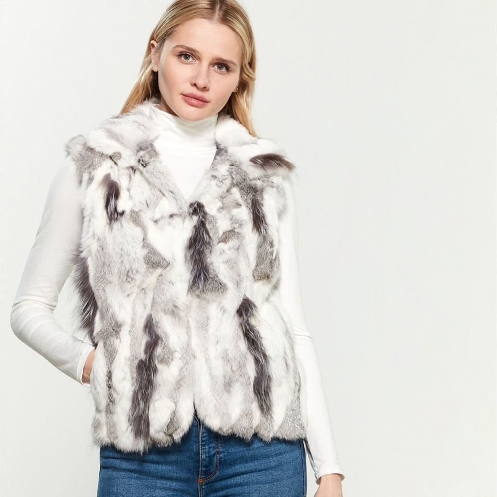 ADRIENNE LANDAU size M Natural Grey Real Fur Vest